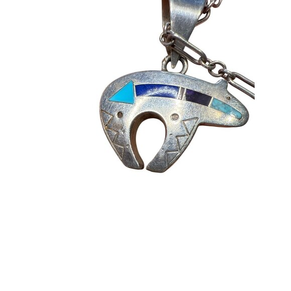 Vintage Native American Sterling Silver Bear Fetish Pendant Necklace Inlay Turqu - Picture 9 of 10
